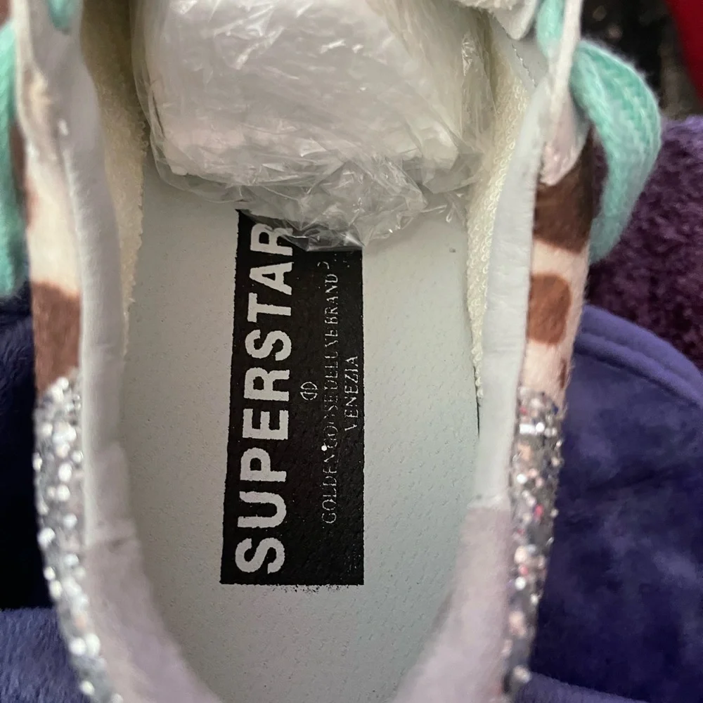 Golden Goose White Sneakers with Pink Star, Mint Laces and Silver Heel